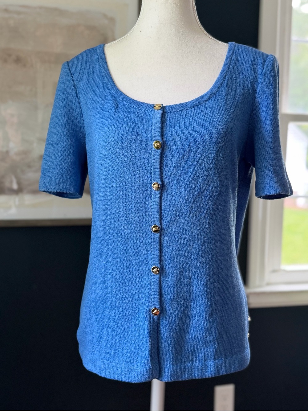 St. John Collection Santana Knit Cardigan Top Blue Gold Logo Buttons Size 6